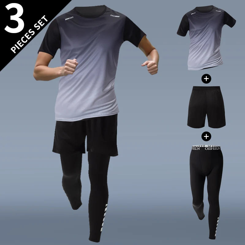3-teiliger Herren-Sportanzug, schnelltrocknend, mit Farbverlauf, Freizeit-Sport, Laufen, kurze Ärmel, bequeme Sonnencreme, Hose, Joker-Shorts