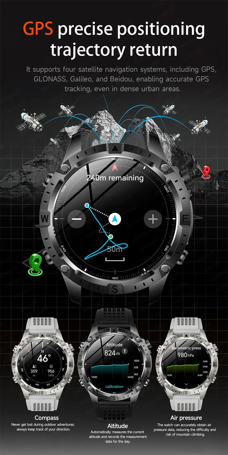 Smartwatch für Herren GPS Offline-Karten 2G ROM 10ATM Wasserdicht Herzfrequenz Tauchen Skifahren Wandern Robuste Smartwatch für Damen und Herren