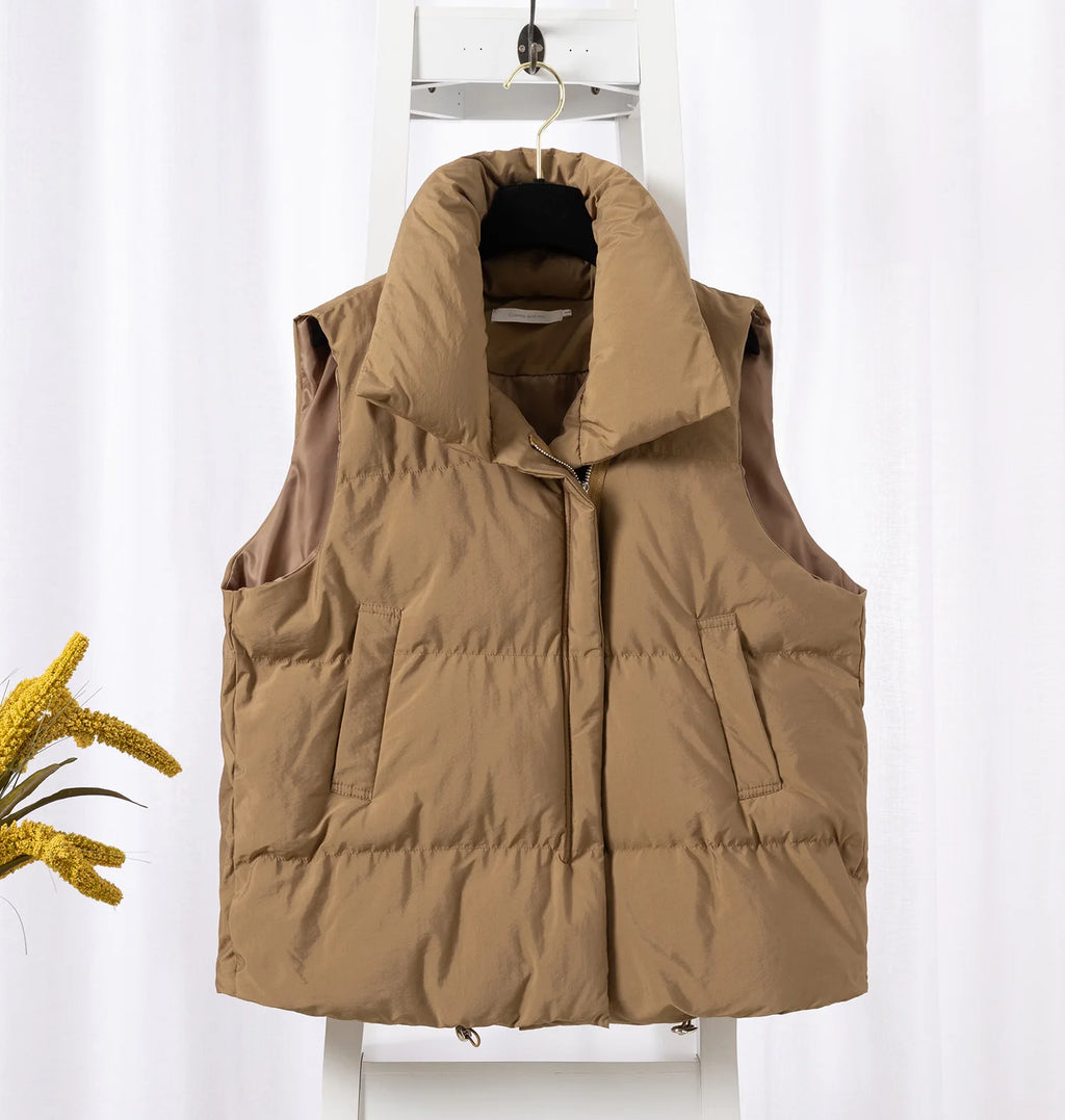 Damenmode Herbst Neu 2024 Stehkragen Elegante Daunenmäntel Warme Oberbekleidung Freizeitgürtel Ärmellose Winter Damenwesten Jacken