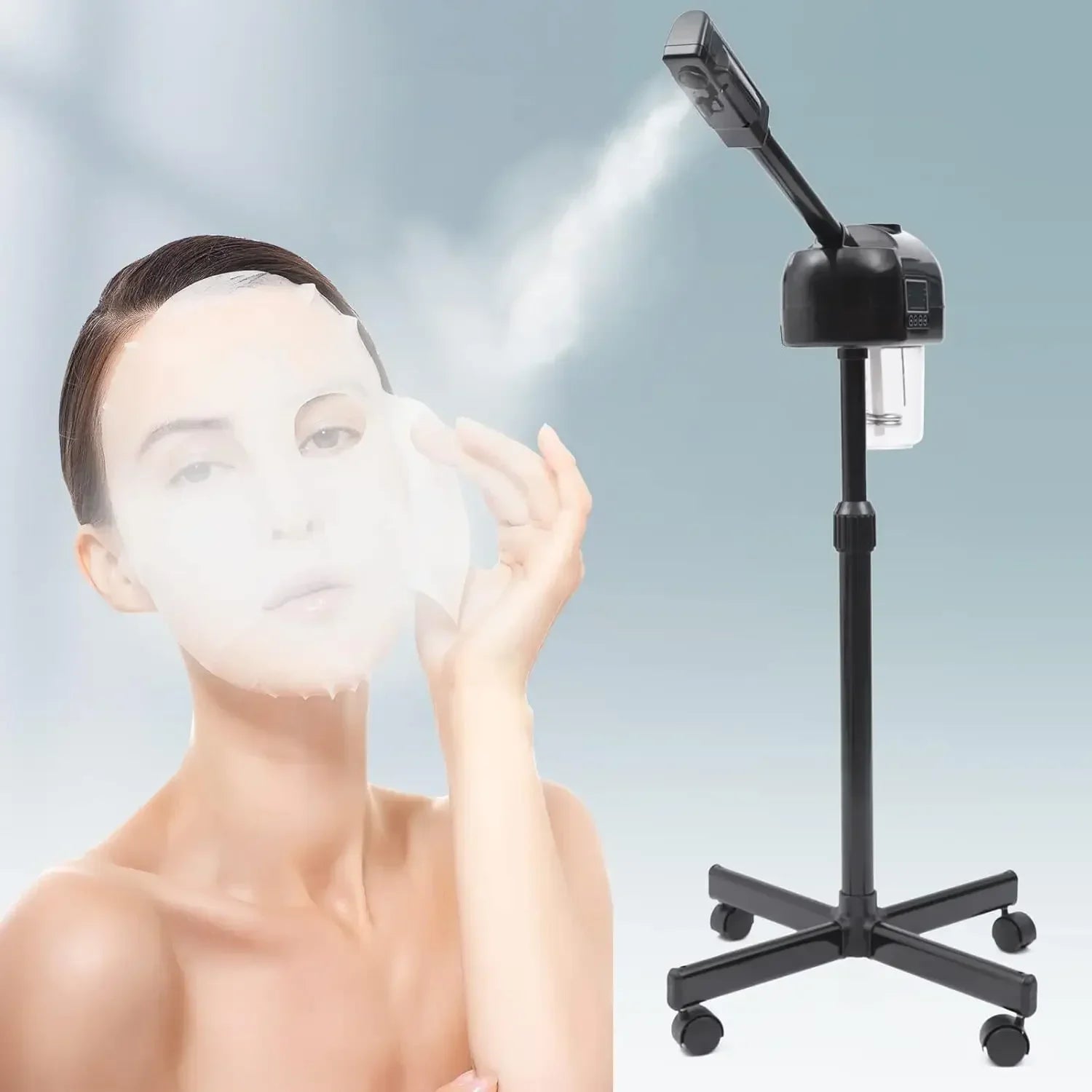 Tragbarer ästhetischer, höhenverstellbarer Gesichtsbedampfer mit LCD-Bildschirm und Rollen, geeignet für Schönheitssalons und zu Hause