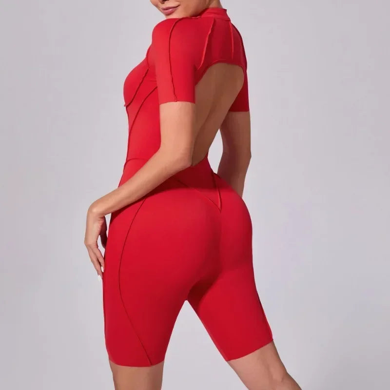 Damen-Trainingsanzug Fitness-Workout Sportkleidung Outfit Reißverschluss-Jumpsuit Yoga Fitness Overall Set Offene Rücken Bodysuits Anzug für Damen