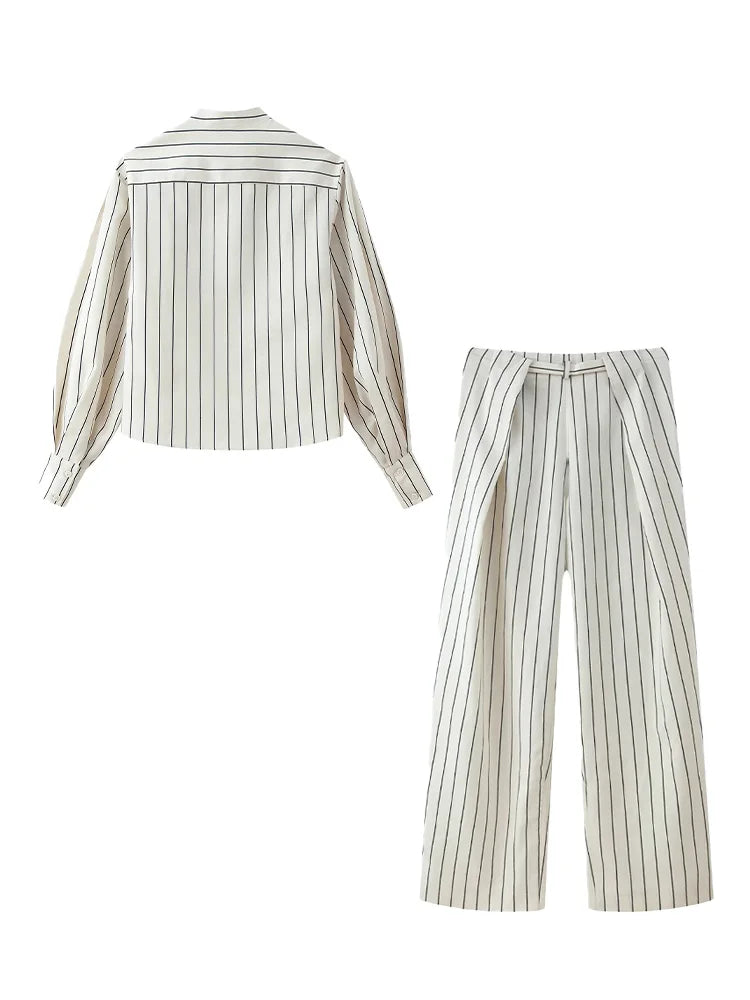HH Women 2026 New Fashion Versatile Beige Striped Puffy Sleeve Shirt+High Waisted Loose Pleated Casual Long Pants Two Piece  Set