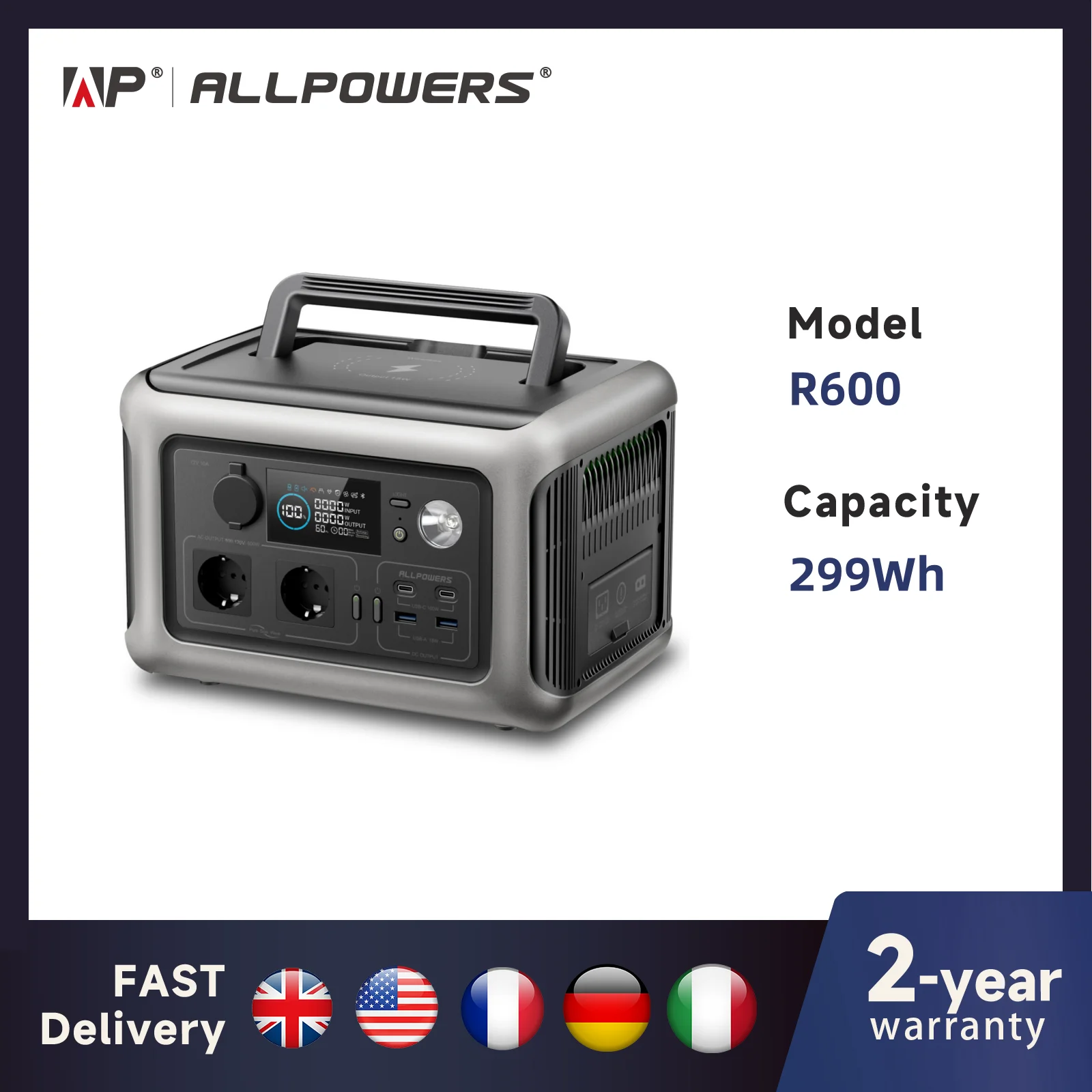 ALLPOWERS Tragbare Powerstation R600, 299Wh LiFeP04 Akku mit 2x 600W (1200W Spitze) AC-Steckdosen für Outdoor-Camping Wohnmobil Zuhause