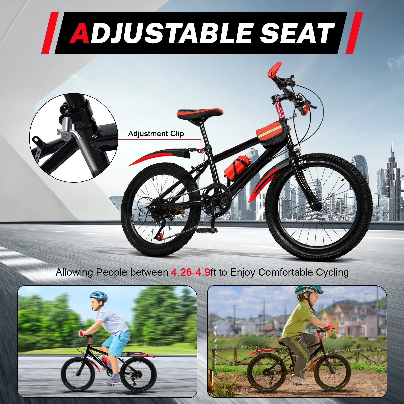 20 Zoll Mountainbike 7 Gänge, Verstellbarer Sattel Kinderfahrrad mit Schutzblechen und Flaschenhalter für Jungen und Mädchen 8-13 Jahre