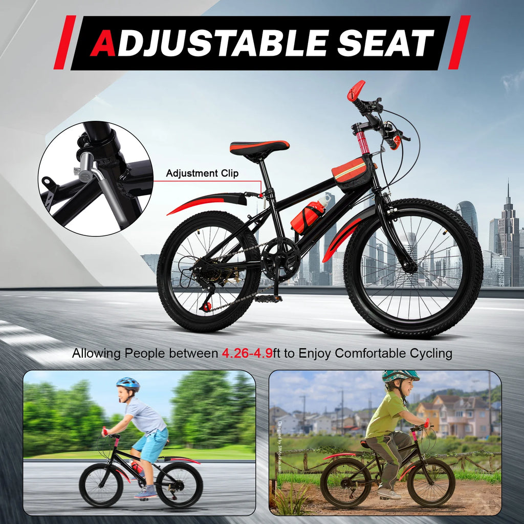 20 Zoll Mountainbike 7 Gänge, Verstellbarer Sattel Kinderfahrrad mit Schutzblechen und Flaschenhalter für Jungen und Mädchen 8-13 Jahre