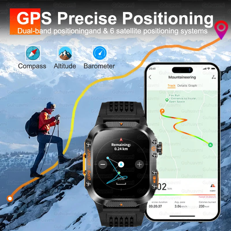2025Neue GPS Smartwatch für Xiaomi IOS Militärkompass Taschenlampe Smartwatch Herren 10ATM Wasserdicht 100+Sportmodi BT Anruf Uhr