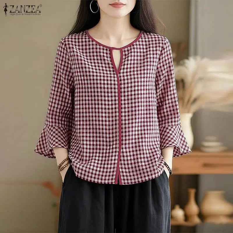 ZANZEA Damen Sommer Plaid Patchwork Bluse 3/4 Glockenärmel Cut Out Tops Lässiges lockeres Hemd Retro Chemise Damen Arbeitsblusen
