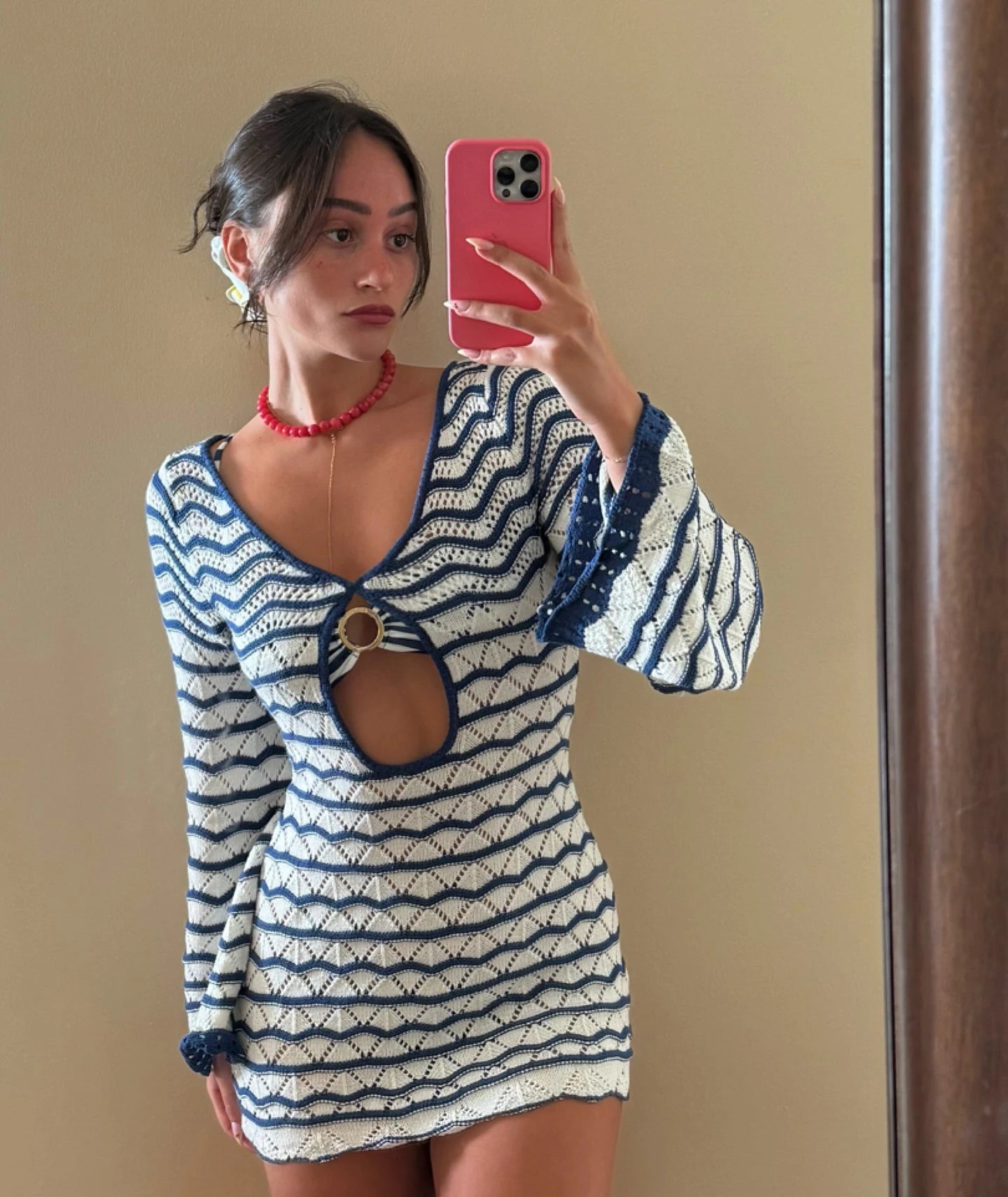 Sexy Boho Striped Chic V-neck Cut Out Bell Sleeve Knit Beach Mini Dress 2026 Summer Women Seaside Holiday Swimsuit Cover Up K123