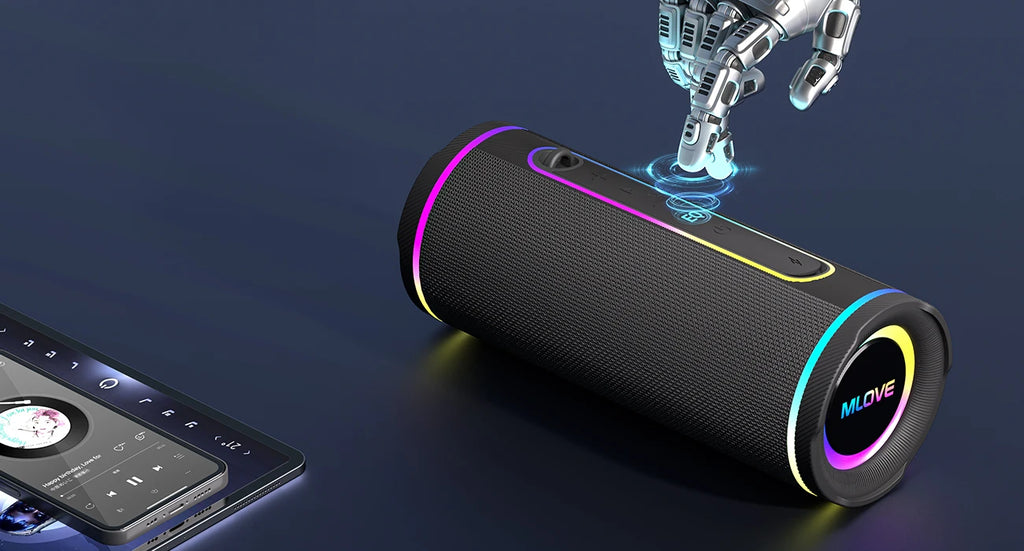 MLOVE E80 Tragbarer Bluetooth-Lautsprecher – Leistungsstarker Dual-Sound, farbenfrohe RGB-Beleuchtung, vollständig wasserdicht (IPX7), TWS-fähig