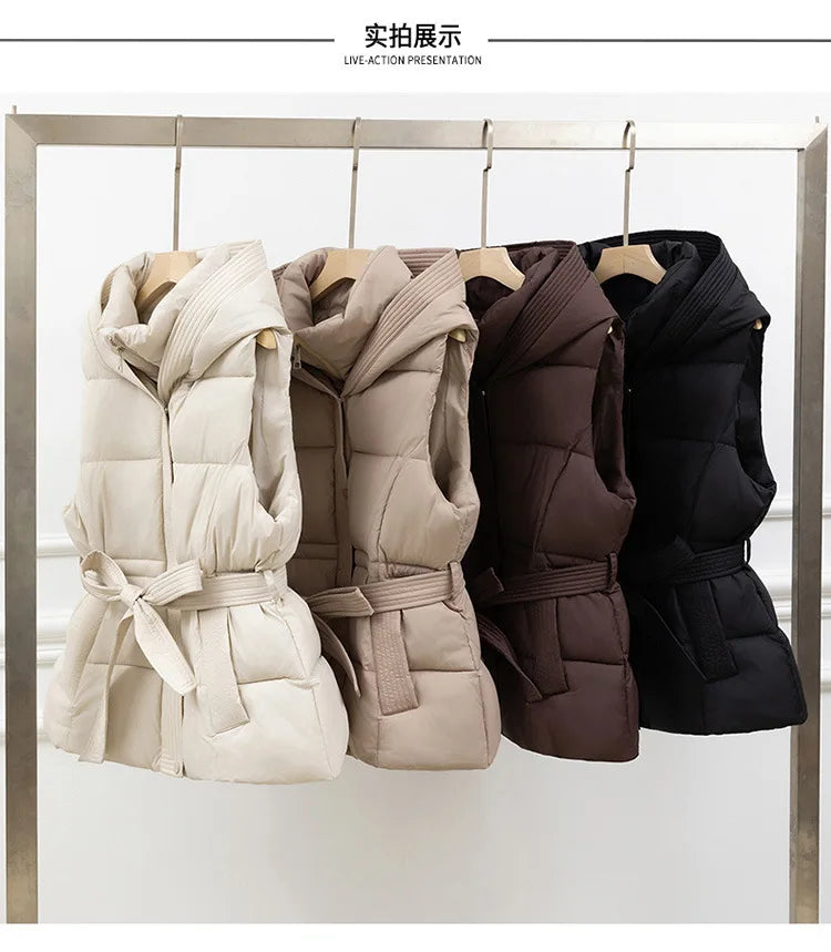 Damen gesteppte Pufferweste, dick, warm, Winter, Kapuzenmantel, einfarbig, ärmellose, gepolsterte Oberbekleidung, kurzer Mantel mit Knopfleiste und Reißverschluss