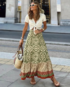 Damenrock mit elastischem Bund und Blumenmuster, großer Tellerrock, Boho-Midi-Rock im Patchwork-Stil, geeignet für Strand und Alltag