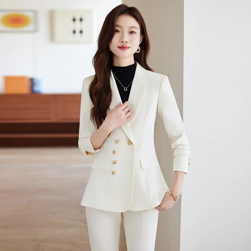NAVIU Neu 2024 Damen Hosenanzüge Rosa Blazer und Jacken Set Büro Damen Arbeits Business Uniform Weiblicher Hosenanzug OL Stil Beige