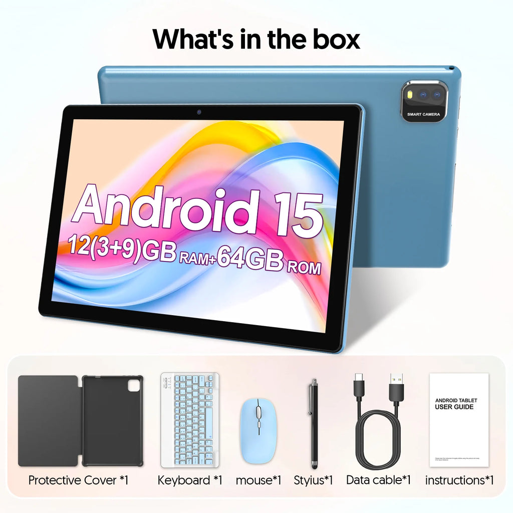 Neueste globale Version Android 15 Tablet, 10-Zoll-Tablet, Quad-Core-Prozessor, 1280*800 Auflösung, 12 (3+9) GB RAM, 64 GB Speicher