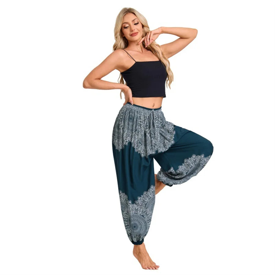 Damen Boho Weite Hosen Haremshose Erwachsene Hohe Taille Yoga Loose Laternenhose Atmungsaktive Strandhose Urlaub Bedruckte Jogger