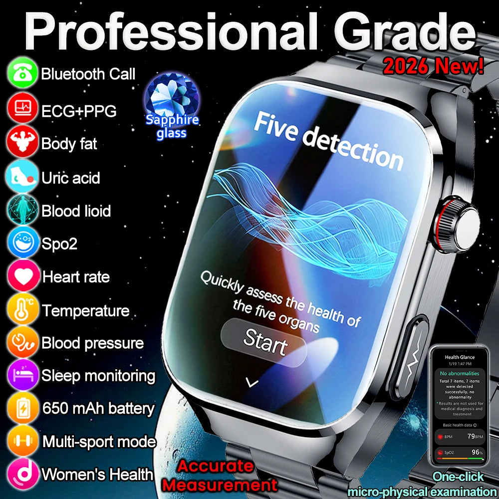 2026 Neue Pflegegrad-Harnsäure-Blutfettwerte Smartwatch Herren EKG+PPG Blutdruck Herzfrequenz Bluetooth Anruf Gesundheits-Smartwatch
