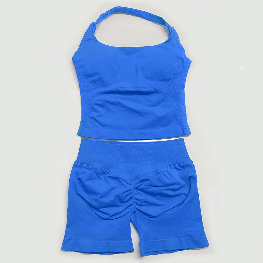 Yoga Outfits Damen 2-teiliges Sport-Set DFNNYE Impact Halfter Neck Neckholder Rückenfrei Oberteil Nahtlose Scrunch Shorts Fitness-Workout-Sportanzug