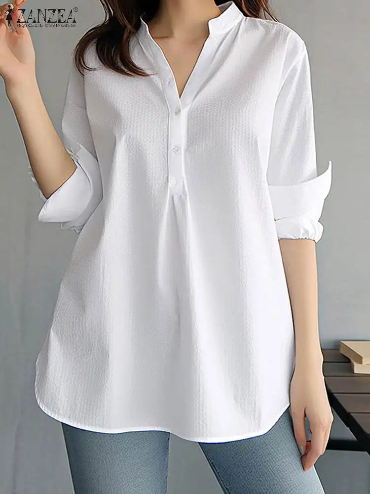 ZANZEA Damen Mode Weiße Hemden Lässig Weite Button-Down-Blusen 2024 Sommer Büro Bluse Koreanische OL V-Ausschnitt Langarm Tuniken Hauptbild