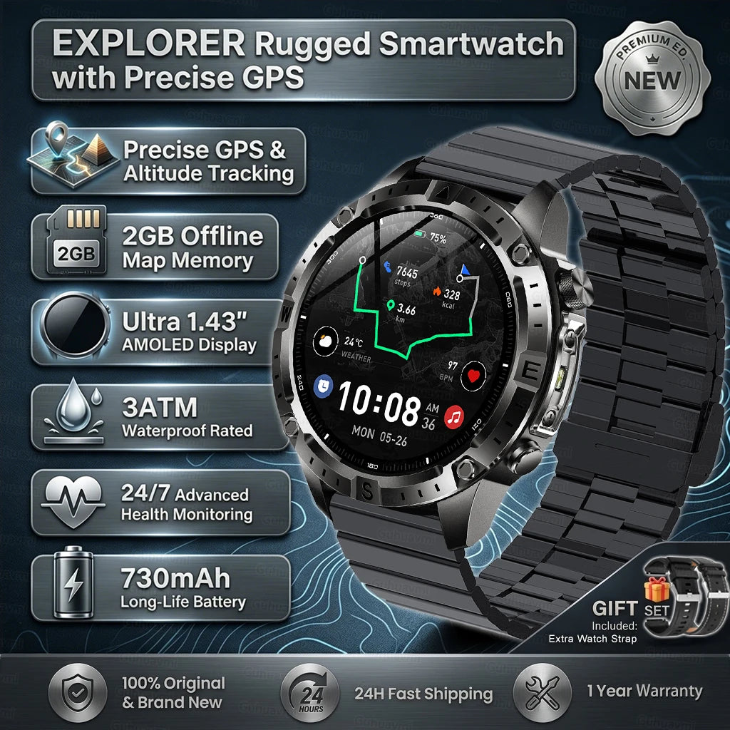 GPS Smart Watch for Men 2G ROM GPS Offline Maps Waterproof Swim Hiking Fitness Tracker Sleep SpO2 Rugged Durable Smartwatch GPS