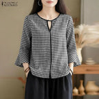 ZANZEA Damen Sommer Plaid Patchwork Bluse 3/4 Glockenärmel Cut Out Tops Lässiges lockeres Hemd Retro Chemise Damen Arbeitsblusen