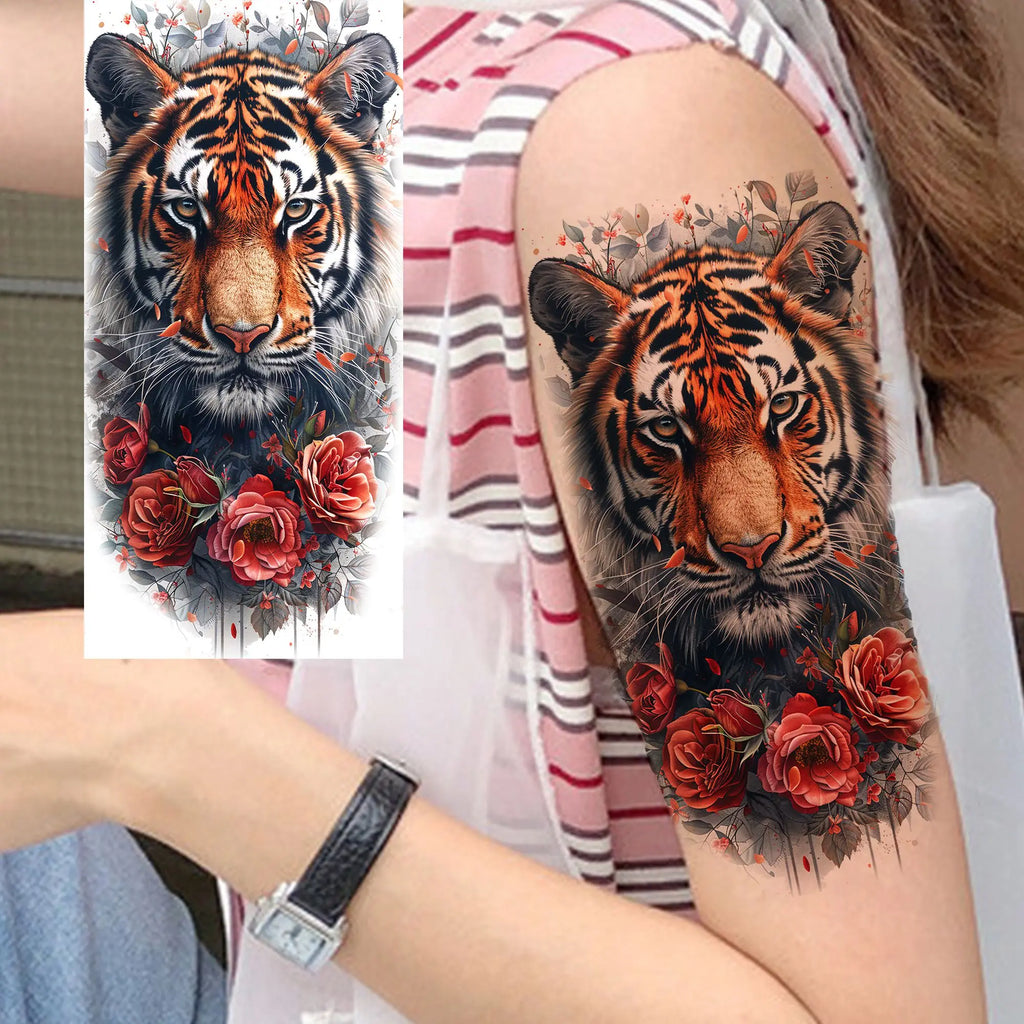 1 Blatt einzigartige Aquarell-Löwe-Tiger-Tier-Temporäre Tattoos langanhaltend wasserdicht Fuchs Eule gefälschter Tattoo-Aufkleber Körperkunst Tattoo