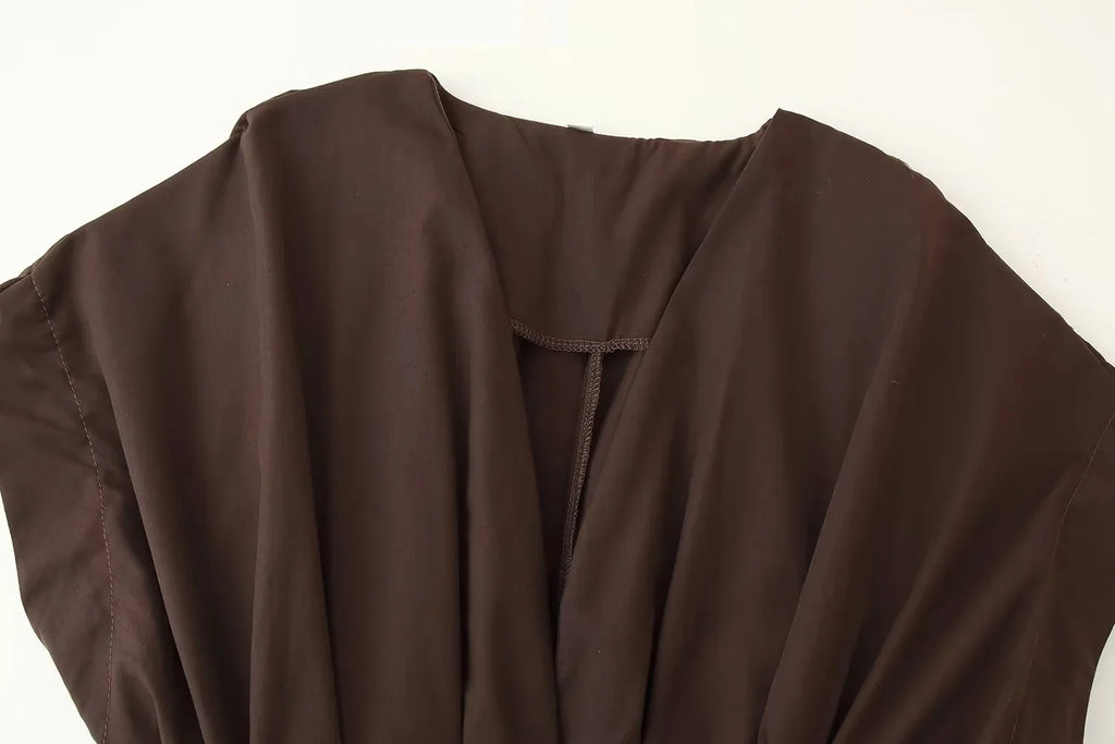 KONDALA 2026 Frühling Sommer Vintage Damenkleid Mode Einreihig Schärpen Drapierter V-Ausschnitt Ärmellos Schicke Braune Damenkleider