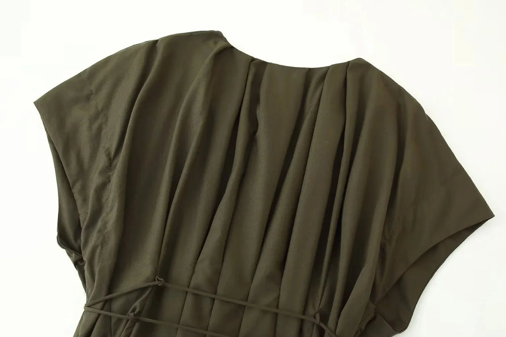 KONDALA 2026 Frühling Sommer Vintage Damenkleid Mode Einreihig Schärpen Drapierter V-Ausschnitt Ärmellos Schicke Braune Damenkleider