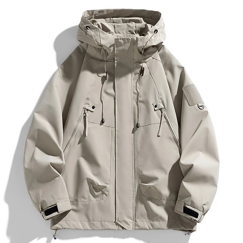 Windbreaker Herren Kapuzenjacke Reißverschluss Mantel Cargo Wasserdicht Schwarz Bomber Camping Loose Dünn Softshell Kapuzen-Wanderjacke Hauptbild