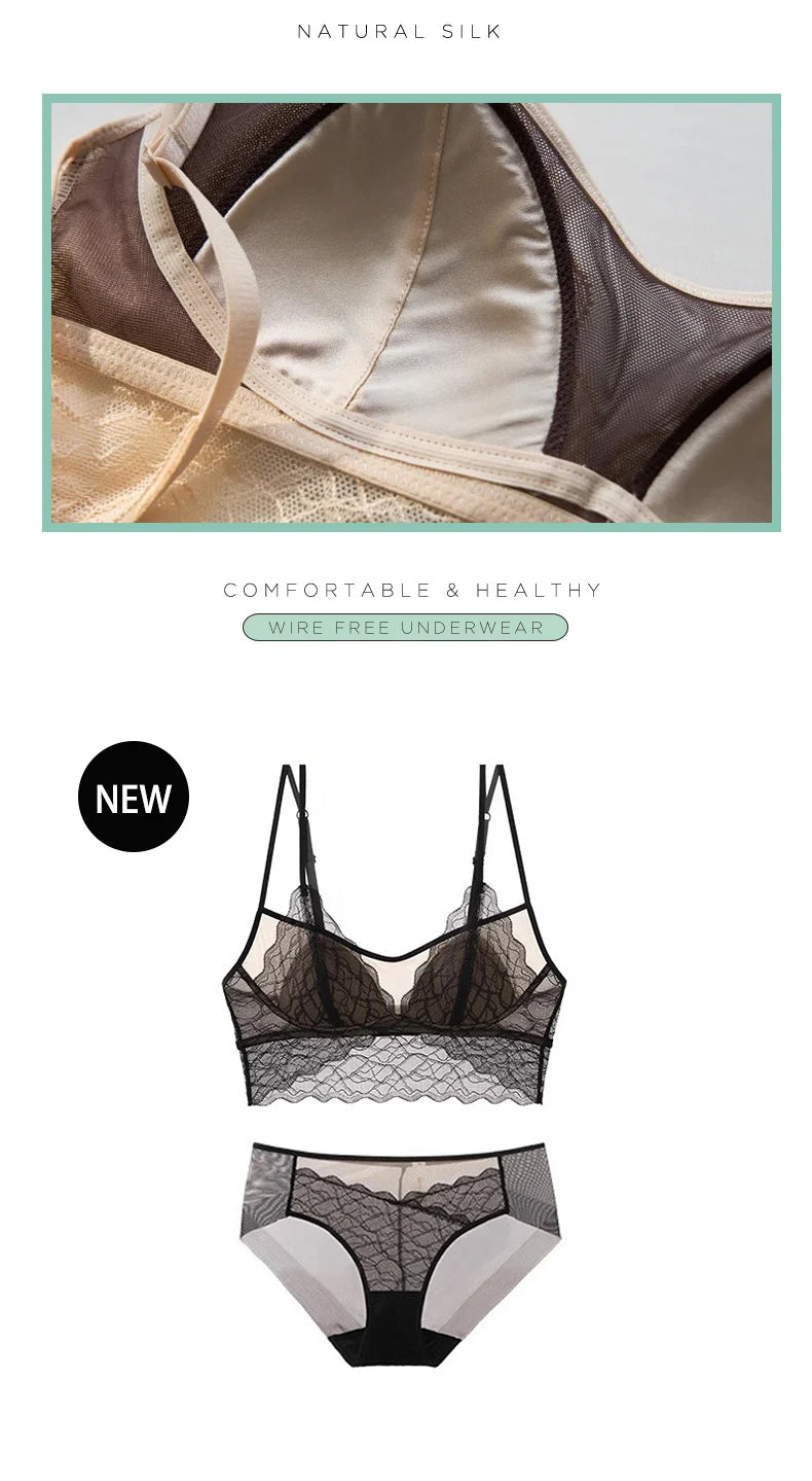 SuyaDream, Damen Spitzen-BH-Set, Futter aus echter Seide, dünne geformte Cups, ohne Bügel, transparente Unterwäsche aus Mesh, gemütliche Dessous 2025