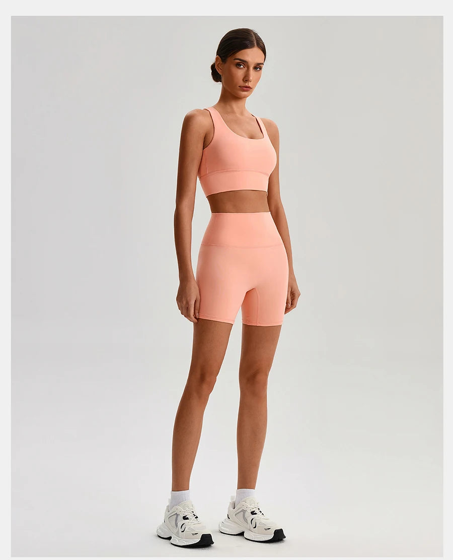 Buttery Soft Nylon Yoga Set Crisscross Back Sports Bra High Waist Biker Shorts 2 Piece Gym Set Workout Outfit Women Activewear