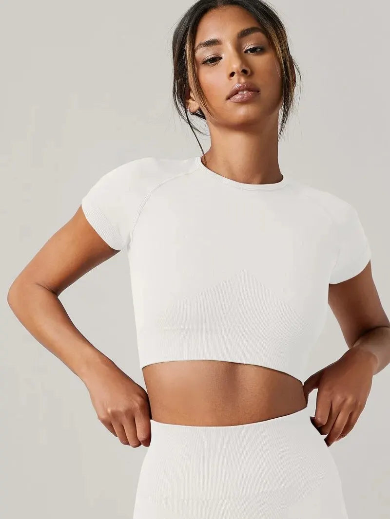 Damen Yoga Top Nahtloses Sport-T-Shirt Fitnesskleidung Kurzarm Yoga-Shirt Gym Top Lauf-Sportbekleidung Sport Top