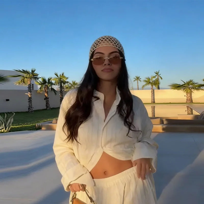 Beiges zweiteiliges Set für Damen, Oversized-Hemd mit Knopfleiste und High-Waist-Hose mit weitem Bein, Y2k Sommer-Urlaubs-Kaftan-Outfit