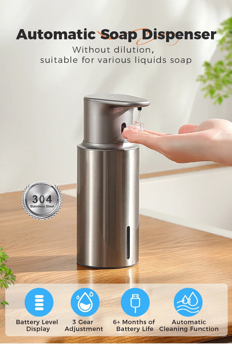 480ml Küchen-Seifenspender Automatischer Sensor Händedesinfektionsmittel Maschine Intelligenter elektrischer Körperwasch-Seifenspender aus 304 Edelstahl