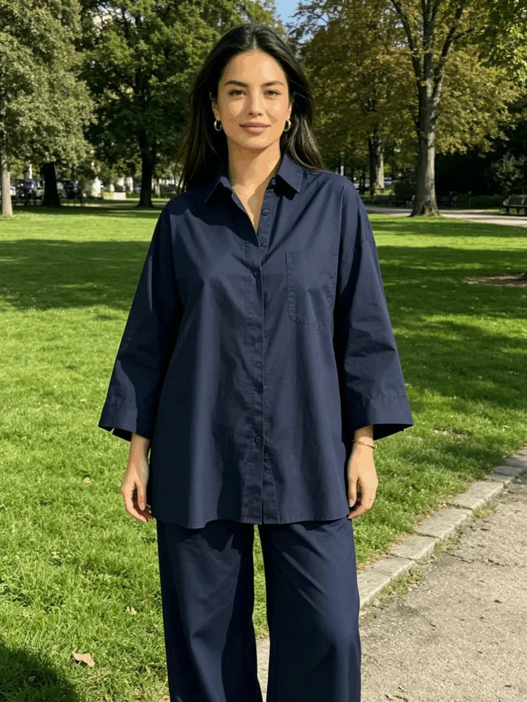 Damen Anzug mit Revers, langen Ärmeln, chic, einreihig, weites Bein, lange Hose, Sets 2026, lässiges, lockeres Outfit für den Alltag Hauptbild