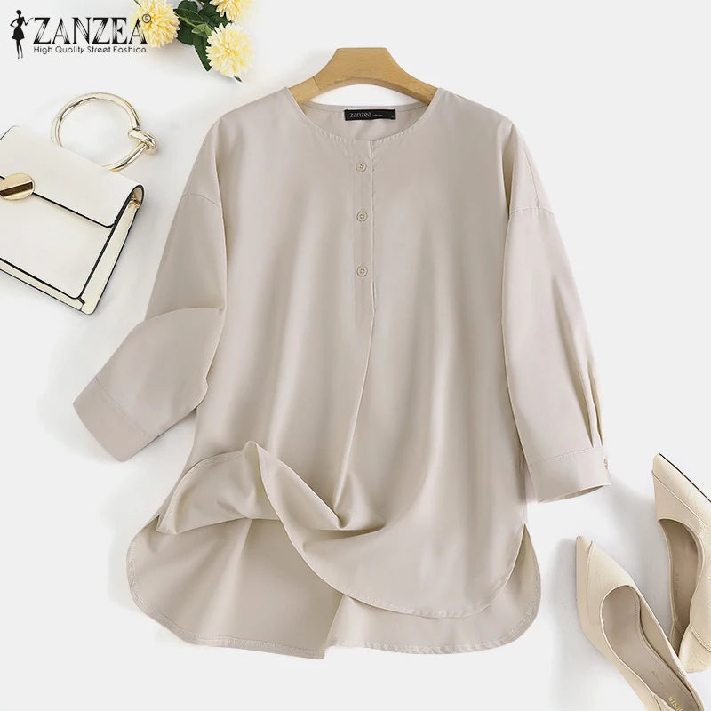 ZANZEA Mode Herbst Langarm Bluse Damen Weites Hemd Elegant Einfarbig OL Arbeitsplatten Lässig Locker Urlaub Arbeit Blusen Damen