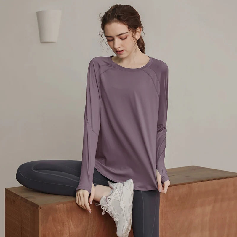 Lockere, schnell trocknende Sportoberteile, Damen-Langarmshirts, Yogabekleidung, atmungsaktive Lauf- und Fitnessbekleidung, figurformend