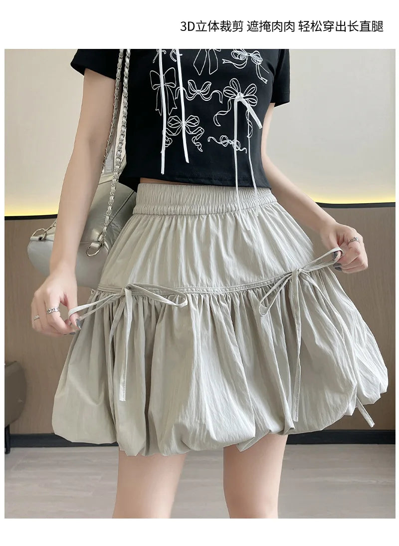 Süße Schleifen Plissierte Flauschige Röcke für Damen Sommer Koreanischer Stil Elastische Taille Laternenrock Damen Lockerer Weißer A-Linien Minirock