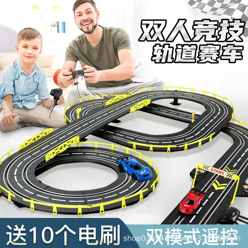 Elektrische ferngesteuerte Slot-Car-Rennbahn, groß, 2 Spieler, wettbewerbsfähig, Dual-Modus, ferngesteuert, einstellbar, Spleißen, Kinder-Erwachsenen-Geschenkset