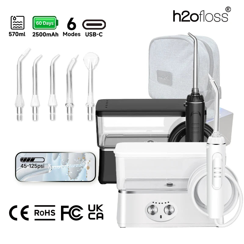 H2ofloss Munddusche Tragbar Munddusche 570 ml 140 PSI Hochdruck 6 Modi 5 Düsen mit Aufbewahrungstasche USB Wiederaufladbar