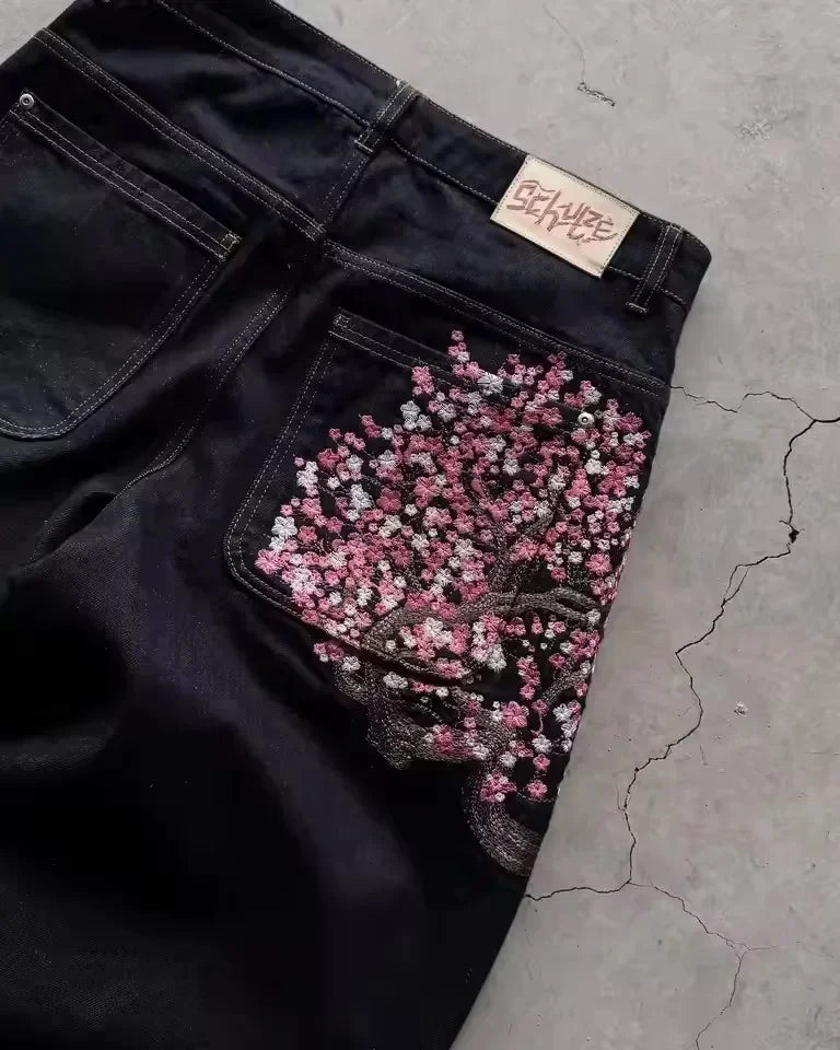 Vintage Low Waist Hip Hop Kirschblüten bestickte Jeans Weite Hose Y2K Kleidung Herren Damen Bestickte Baggy Jeans