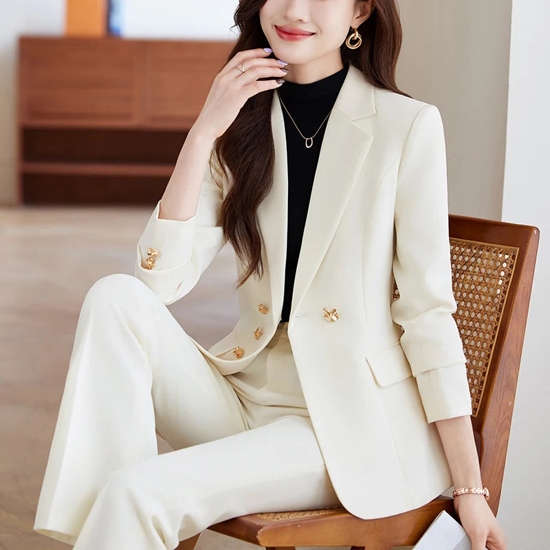 NAVIU Neu 2024 Damen Hosenanzüge Rosa Blazer und Jacken Set Büro Damen Arbeits Business Uniform Weiblicher Hosenanzug OL Stil Beige