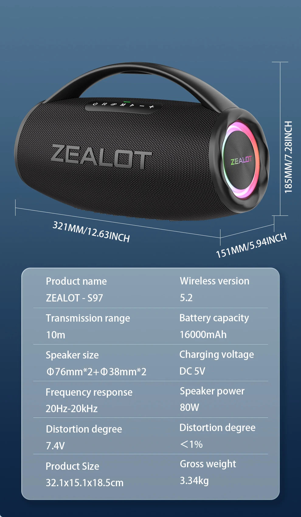 ZEALOT-S97 80W Tragbarer Bluetooth-Outdoor-Lautsprecher, HiFi-Sound, Subwoofer, Dual Pairing, Schnellladefunktion, 16000mAh Akku