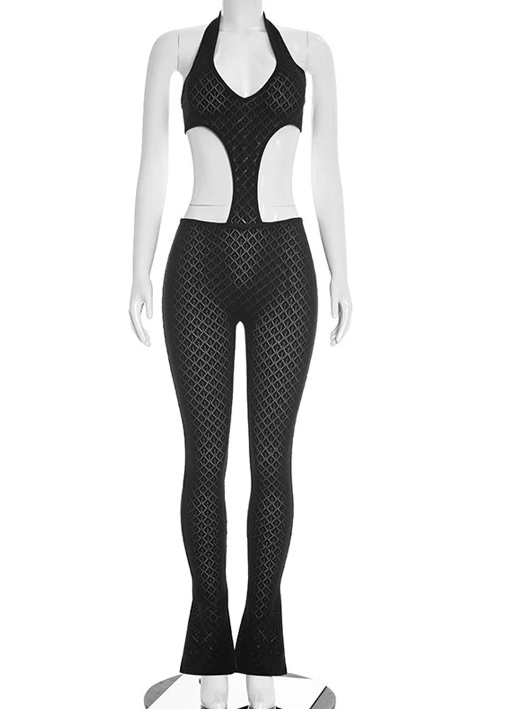 Beyprern Sexy Schwarzer Häkel-Cut-Out-Jumpsuit Damen Halter Neck Rückenfrei Durchsichtig Einteiler Romper Hohe Taille Eng Anliegende Clubwear