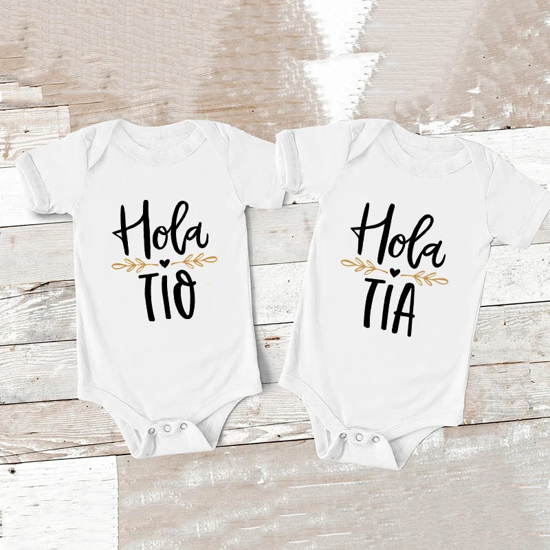 Hola Tio Tia Schwangerschaftsankündigung Baby Body Strampler Säuglingskleidung Freizeit-Overalls Schwangerschaftsgeschenk für neue Tante Onkel