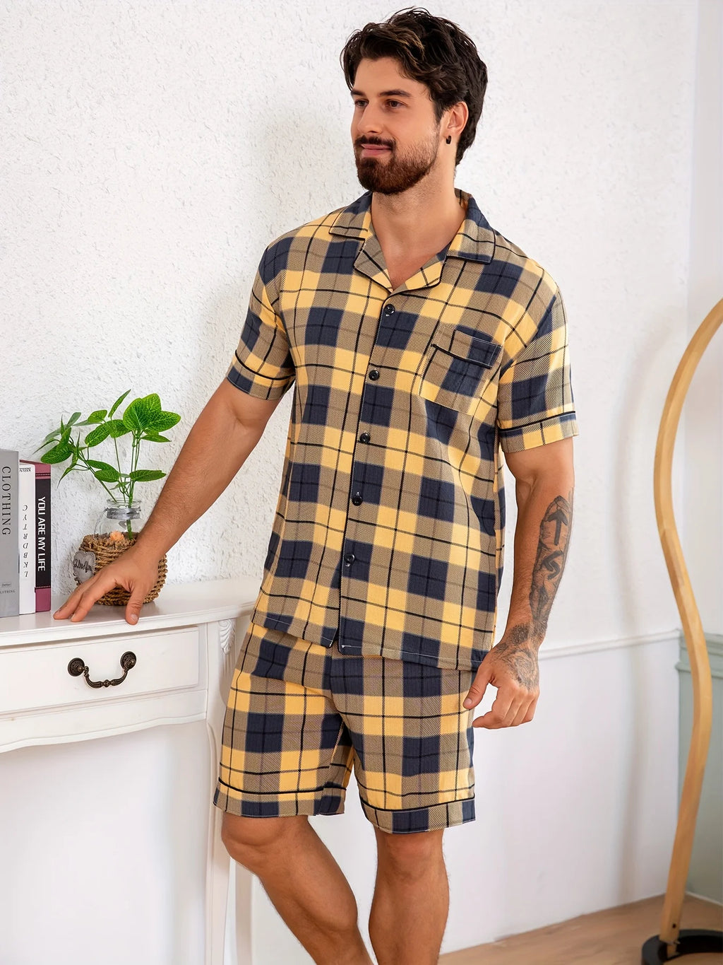 Herren Kurzarm-Pyjama-Set - 2-teiliges Set Kariert Lässige Sommer-Freizeitkleidung mit Tasche V-Ausschnitt Leichte und dünne Herren-Pyjamas