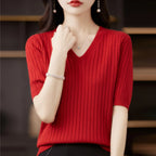 Damen Pullover Frühling Sommer Kurzarm V-Ausschnitt Strickshirt Lässige koreanische Pullover Gestreiftes Unterziehshirt Slim Fit Pullover