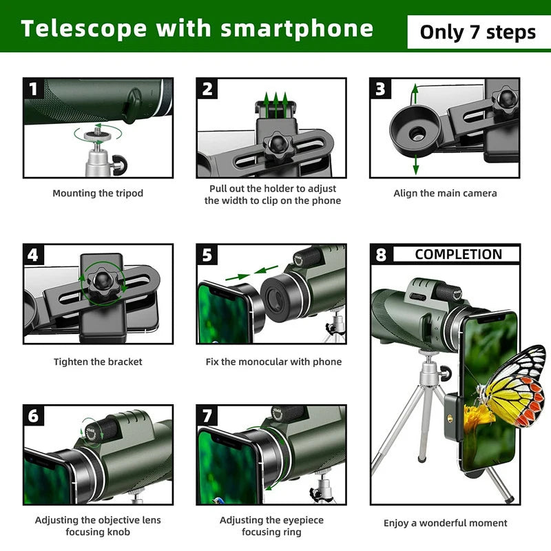 80x100 HD ZOOM Leistungsstarkes monokulares Teleskop Tragbares Fernglas Langstrecken-Teleskop Jagd Camping mit Stativ und Telefonclip