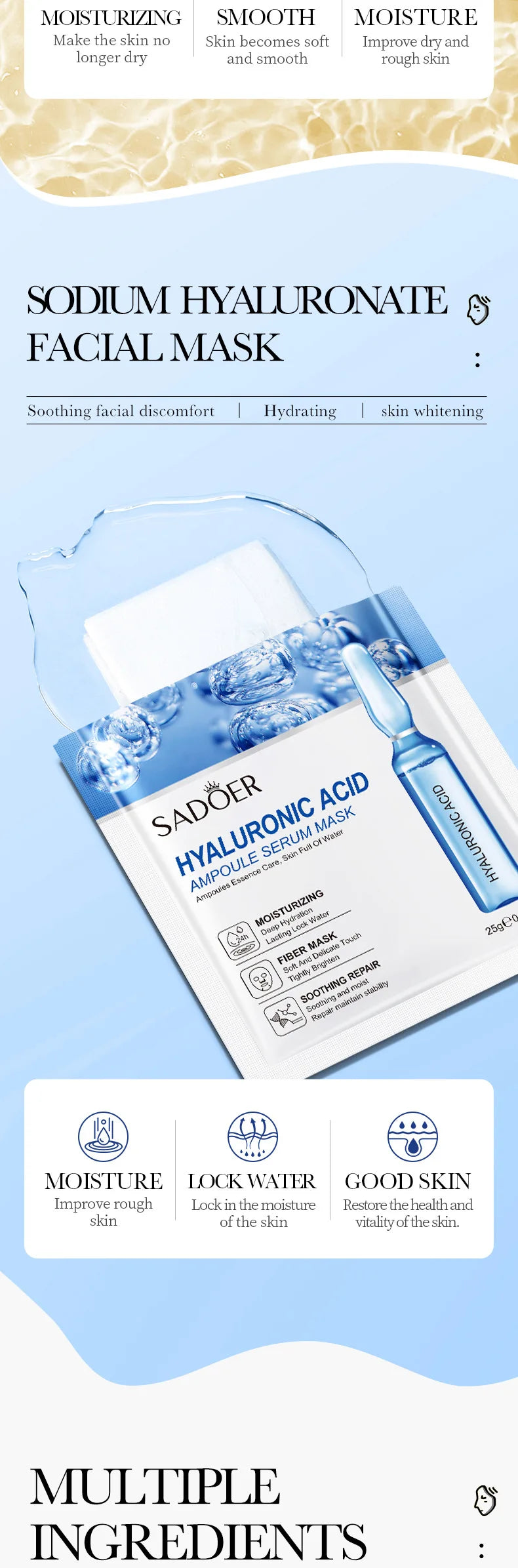 10 St. SADOER 24K Gold Vitamin C Hyaluronsäure Gesichtsmaske Feuchtigkeitsspendend Straffend Hydrierend Gesichtsmasken Hautpflegeprodukte