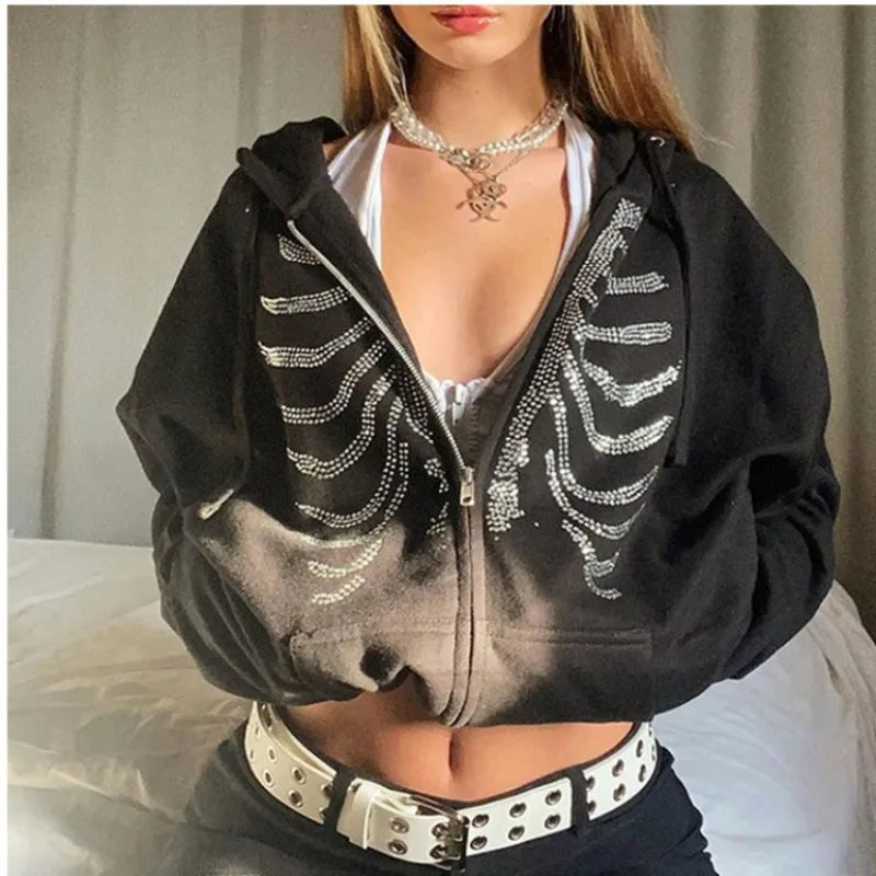 Y2K Rhinestone Skeleton Hoodies Women Gothic Black Zip Up Oversized Sweatshirts Female Retro Harajuku Hooded Jacket Streetwear Hauptbild