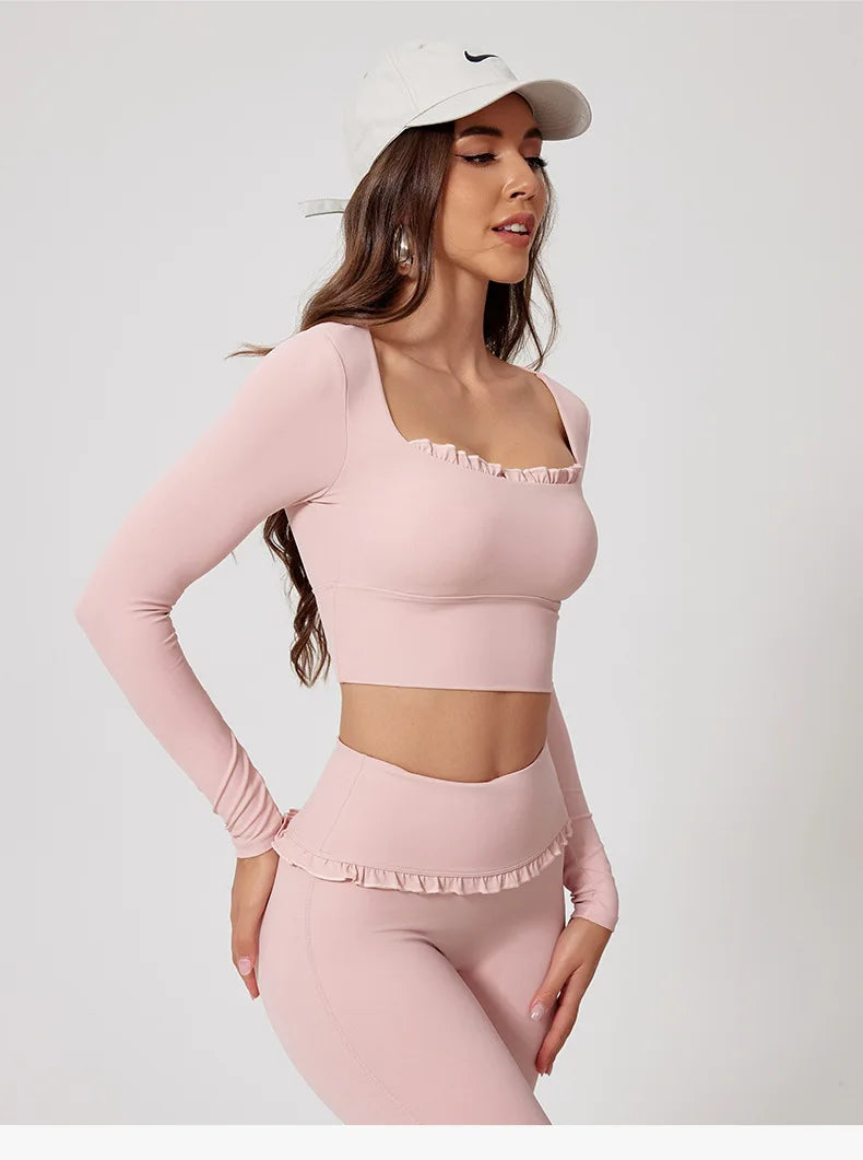 Neues Sommer 2-teiliges Damen-Fitnessstudio Yoga Damen-Outfit Outdoor Sport Schnelltrocknendes Langarmshirt-Set Damen Zweiteiler Sportbekleidung
