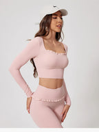 Neues Sommer 2-teiliges Damen-Fitnessstudio Yoga Damen-Outfit Outdoor Sport Schnelltrocknendes Langarmshirt-Set Damen Zweiteiler Sportbekleidung